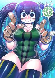  1girl :&gt; asui_tsuyu black_eyes black_hair black_thighhighs blush boku_no_hero_academia breasts cleavage closed_mouth gloves hakkasame highres large_breasts long_hair looking_at_viewer one-piece_swimsuit plump shiny_clothes solo swimsuit thighhighs twintails  rating:Questionable score:27 user:DarkToonLink