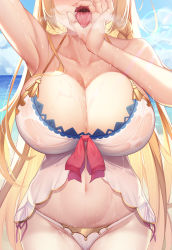  1girl arm_up armpits babydoll beach bikini blonde_hair blue_sky blush braid breasts breath cleavage cloud commentary_request cowboy_shot day fellatio_gesture groin halterneck hand_up handjob_gesture head_out_of_frame highres horizon huge_breasts large_breasts lens_flare long_hair meion nail_polish navel ocean open_mouth oral_invitation outdoors pecorine_(princess_connect!) pecorine_(summer)_(princess_connect!) pink_nails princess_connect! red_ribbon ribbon saliva saliva_trail sand see-through sexually_suggestive side-tie_bikini_bottom side_braid sky solo standing steam stomach sweat swimsuit teeth tongue tongue_out uvula very_long_hair water white_bikini  rating:Questionable score:335 user:danbooru
