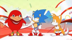  3boys black_eyes gloves grin highres knuckles_the_echidna male_focus meme multiple_boys shoes smile sneakers sonic_(series) sonic_mania sonic_the_hedgehog sonic_the_hedgehog_(classic) tails_(sonic) ugandan_knuckles vrchat wallace_pires white_gloves  rating:Sensitive score:33 user:danbooru