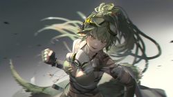  1girl absurdres arknights asymmetrical_gloves bare_shoulders belt black_belt black_gloves breasts crop_top elbow_gloves fingerless_gloves game_cg gavial_(arknights) gavial_the_invincible_(arknights) gloves goggles goggles_on_head green_hair highres long_hair looking_at_viewer mask mask_around_neck medium_breasts midriff navel official_art pointy_ears ponytail solo standing very_long_hair yellow_eyes  rating:General score:10 user:danbooru