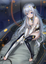  1girl bare_shoulders between_legs black_thighhighs blue_eyes breasts cable city_lights closed_mouth commentary_request covered_navel cube elbow_gloves full_body gloves grey_hair hair_between_eyes hand_between_legs haneru highres kaguyano leotard life_raft long_hair medium_breasts no_shoes see-through sitting solo thighhighs toeless_legwear very_long_hair white_gloves white_leotard white_thighhighs 