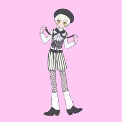 1boy androgynous beret black_footwear black_hat black_ribbon blonde_hair closed_mouth collared_shirt earrings fishnet_pantyhose fishnets full_body hands_up hat highres jewelry king_of_prism king_of_prism_by_prettyrhythm kisaragi_louis leg_warmers loafers long_sleeves looking_at_viewer male_focus neck_ribbon nyaasechan pantyhose pink_background pretty_rhythm pretty_series ribbon shirt shoes shorts simple_background smile solo standing striped_clothes striped_shorts vertical-striped_clothes vertical-striped_shorts white_shirt yellow_eyes rating:General score:2 user:danbooru