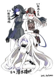  3girls abyssal_ship bandaid bandaid_on_face bandaid_on_forehead barefoot black_dress black_gloves black_hair blindfold breasts character_name closed_mouth colored_skin crop_top crossed_bandaids destroyer_water_oni dress gloves kantai_collection light_cruiser_princess long_hair looking_at_viewer medium_breasts multiple_girls oso_(toolate) pale_skin parted_lips purple_eyes red_eyes simple_background sitting sketch small_breasts smile submarine_princess sweat very_long_hair white_background white_dress white_hair white_skin 