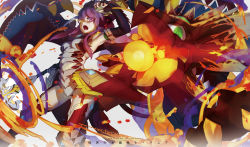  1girl armpits chelonia dragon elbow_gloves fingerless_gloves fins fire gloves head_fins heterochromia highres horns long_hair polearm purple_eyes purple_hair puzzle_&amp;_dragons solo sonia_(p&amp;d) spear thighhighs weapon wings yellow_eyes zettai_ryouiki 