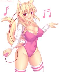 1girl :d animal_ear_fluff animal_ears beamed_sixteenth_notes blonde_hair blush breasts cat_ears cat_girl cat_tail cellphone cleavage commentary covered_erect_nipples covered_navel earbuds earphones eighth_note english_commentary groin hair_between_eyes highres holding holding_phone leotard long_hair long_sleeves looking_at_viewer medium_breasts musical_note nottytiffy open_mouth original phone pink_leotard red_eyes simple_background slit_pupils smile solo striped_clothes striped_thighhighs tail tail_raised teeth thighhighs tiffy_(nottytiffy) upper_teeth_only very_long_hair watermark web_address white_background white_thighhighs rating:Questionable score:46 user:danbooru