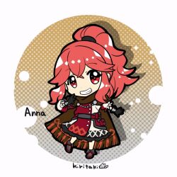  1girl anna_(fire_emblem) artist_name black_gloves brown_cape cape character_name chibi chibi_only crossed_bangs dress fire_emblem fire_emblem_engage gloves kiritaki long_hair looking_at_viewer nintendo ponytail red_dress red_eyes red_hair smile solo teeth two-tone_dress white_dress 