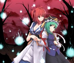  2girls blue_eyes breasts cleavage female_focus gayprince green_hair hair_bobbles hair_ornament holding_hands hat highres large_breasts multiple_girls onozuka_komachi red_eyes red_hair rod_of_remorse shiki_eiki short_hair touhou twintails two_side_up  rating:Sensitive score:9 user:danbooru