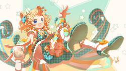  1girl :d bad_id bad_twitter_id blonde_hair blue_bow blue_eyes blunt_bangs blurry blurry_background boots bow commentary_request cone_hair_bun double_bun full_body hair_bow hair_bun high_heels highres idol_clothes image_sample looking_at_viewer minami_mirei open_mouth pretty_series pripara romper ruru_ashihara shoe_soles short_hair skirt smile solo star_(symbol) starry_background twitter_sample white_footwear 