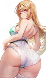  1girl ass blonde_hair breasts cameltoe cleft_of_venus commentary_request highres large_breasts leonmandala long_hair looking_at_viewer mythra_(radiant_beach)_(xenoblade) mythra_(xenoblade) official_alternate_costume one-piece_swimsuit ribbed_swimsuit solo strapless strapless_one-piece_swimsuit striped_clothes striped_one-piece_swimsuit swept_bangs swimsuit thigh_strap tiara vertical-striped_clothes vertical-striped_one-piece_swimsuit very_long_hair white_one-piece_swimsuit xenoblade_chronicles_(series) xenoblade_chronicles_2 yellow_eyes  rating:Questionable score:13 user:danbooru