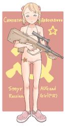  1girl :&lt; a_kun assault_rifle bikini blank_stare blush bullpup communism earrings eyebrows flat_chest full_body gluteal_fold gun hair_bobbles hair_ornament hammer_and_sickle holding jewelry loli looking_at_viewer micro_bikini original outside_border pussy pussy_peek rifle russian_text shiny_skin soviet standing star_(symbol) steyr steyr_aug swimsuit thigh_gap translated twintails weapon  rating:Explicit score:57 user:Domestic_Importer