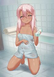  1girl bathroom breasts carbon12th chloe_von_einzbern fate/kaleid_liner_prisma_illya fate_(series) highres medium_breasts nipple_slip nipples pink_hair small_breasts solo tan thighs towel wet wet_towel 
