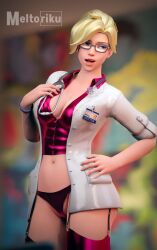 1girl 3d absurdres angela_ziegler bad_tag blender blender_(medium) blizzard_(company) blonde_hair blue_eyes breasts doctor glasses highres lingerie looking_away meltoriku mercy naughty_face nurse overwatch overwatch_2 pussy rubber rubber_clothing rubber_suit smile solo solo_focus standing thighhighs thighs underwear