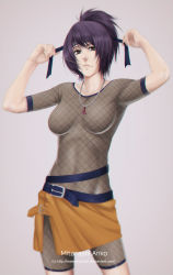  1girl adjusting_clothes belt blurry bodysuit breasts brown_eyes brown_skirt character_name collarbone cowboy_shot fishnets hands_up headband jewelry lips looking_at_viewer miniskirt mitarashi_anko naruto naruto_(series) necklace ponytail purple_background purple_hair ribs short_hair short_ponytail short_sleeves side_slit simple_background skirt solo watermark web_address wide_ponytail  rating:Sensitive score:48 user:kloi9uuhyg