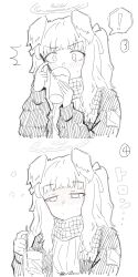  ! 1girl ^^^ animal_ears blue_archive blush cup dog_ears drinking drinking_straw drunk greyscale half-closed_eyes halo hariyaa hibiki_(blue_archive) highres holding holding_cup holding_drinking_straw jacket long_hair monochrome nose_blush scarf sequential sidelocks small_sweatdrop spoken_exclamation_mark spot_color squeans 