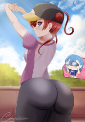 2girls absurdres arms_up ass baseball_cap binoculars blue_eyes blue_hair cameltoe closed_mouth cloud commission danzfloor hair_bun hat highres huge_ass light_rays looking_at_ass love_live! love_live!_superstar!! multiple_girls outdoors parted_lips red_hair short_hair sky smile solo_focus standing stretching sweat sweatdrop wakana_shiki yoneme_mei yuri 