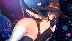 &gt;:) 10s 1girl absurdres bandaged_arm bandaged_leg bandages belt black_gloves black_hat black_thighhighs blush button_eyes buttons cape cleft_of_venus closed_mouth cowboy_shot eyebrows eyepatch flat_chest from_below gloves hat highres holding holding_staff kono_subarashii_sekai_ni_shukufuku_wo! lens_flare looking_at_viewer megumin navel nipples one_eye_covered panbai pussy red_eyes short_hair single_thighhigh smile solo sparkle staff stomach thighhighs uncensored underwear v-shaped_eyebrows witch_hat rating:Explicit score:149 user:danbooru