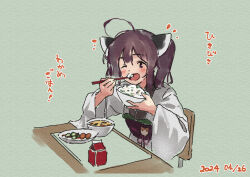 1girl ;d ahoge blush bowl brown_eyes brown_hair chopsticks dated food food_request green_background headgear holding holding_bowl holding_chopsticks japanese_clothes kimono lamb_(hitsujiniku) long_sleeves looking_at_viewer one_eye_closed open_mouth plate rice simple_background smile solo soup table touhoku_kiritan translation_request twintails upper_body voiceroid white_kimono wide_sleeves 