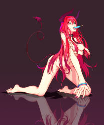 1girl absurdres all_fours blush bracelet breast_hold breasts collar demon_girl demon_horns demon_tail fangs fingernails food green_eyes grey_background highres horns jewelry kneeling large_breasts leash long_hair nail_polish navel nipples nude original perky_breasts pink_hair pink_nails popsicle q9q red_hair reflective_floor sharp_fingernails solo spiked_collar spikes sweat tail toes tongue rating:Questionable score:42 user:danbooru