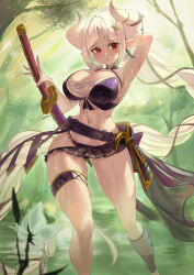  1girl 2023 armpits aya_tarou azusa_(granblue_fantasy) blush breasts horns large_breasts looking_at_viewer open_mouth red_eyes solo standing sword tree weapon  rating:Sensitive score:0 user:randomwriter391