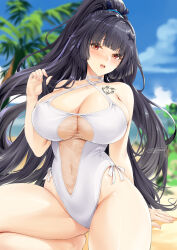  1girl azur_lane black_hair blue_sky breasts casual_one-piece_swimsuit cleavage cloud cosplay day highres large_breasts long_hair looking_at_viewer navel one-piece_swimsuit outdoors palm_tree red_eyes see-through_swimsuit side-tie_swimsuit sky solo swimsuit takao_(azur_lane) takao_(azur_lane)_(cosplay) takao_(beach_rhapsody)_(azur_lane) tatakau_ataisuru tattoo toyoman tree white_one-piece_swimsuit yamaguchi_ryouko 