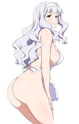 1girl absurdres apron ass blush breasts cowboy_shot hairband hands_on_own_thighs highres idolmaster idolmaster_(classic) jabara_tornado large_breasts leaning_forward long_hair looking_at_viewer looking_back naked_apron no_bra no_panties purple_eyes shijou_takane sideboob silver_hair simple_background smile solo standing white_background white_hairband rating:Questionable score:89 user:danbooru