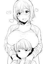 1boy 1girl age_difference blush breast_rest breasts breasts_on_head carried_breast_rest carrying glasses greyscale heart height_difference hetero highres inari_(inariya) large_breasts looking_at_viewer mature_female mole mole_under_eye monochrome onee-shota open_mouth original sexually_suggestive short_hair shota simple_background sketch smile white_background rating:Questionable score:87 user:fussy_hussy