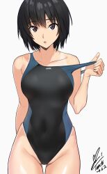  1girl amagami black_eyes black_hair breasts clothes_pull collarbone competition_swimsuit covered_navel dated highleg highres looking_at_viewer medium_breasts nanasaki_ai one-piece_swimsuit one-piece_swimsuit_pull open_mouth short_hair signature simple_background solo swimsuit tan tanline yoo_tenchi  rating:Sensitive score:9 user:danbooru