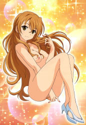  1girl between_legs blush breasts brown_eyes cleavage cleft_of_venus closed_mouth collarbone completely_nude feet fingernails fujii_masahiro full_cleft golden_time hair_between_eyes twirling_hair hand_between_legs high_heels highres kaga_kouko legs long_hair long_legs looking_at_viewer medium_breasts nail_polish navel nipples nude nude_filter orange_hair perky_breasts pumps pussy red_nails shoes sitting smile solo sparkle thighs third-party_edit very_long_hair  rating:Explicit score:51 user:shelly69
