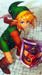  1boy blonde_hair blue_eyes boots brown_footwear brown_shirt fighting_stance gogoheaven_welcomehell green_tunic hat highres holding holding_shield holding_sword holding_weapon light_particles link looking_at_viewer male_focus nintendo pointy_ears shield shirt solo sword the_legend_of_zelda the_legend_of_zelda:_a_link_to_the_past weapon 