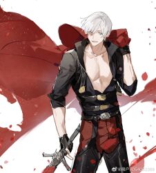  1boy backless_pants bishounen black_gloves blue_eyes coat collared_shirt dante_(devil_may_cry) devil_may_cry devil_may_cry_(series) devil_may_cry_4 facial_hair fingerless_gloves gloves highres holding holding_sword holding_weapon looking_at_viewer male_focus open_clothes pants pectorals rebellion_(sword) shirt smile solo standing sword weapon weibo_7054093389 white_hair 