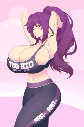  1girl ara_ara arms_behind_head arms_up blush breasts cleavage clothes_writing crankyconstruct curvy highres huge_breasts long_hair original pants purple_hair solo standing thick_thighs thighs yellow_eyes yoga_pants  rating:Sensitive score:56 user:danbooru