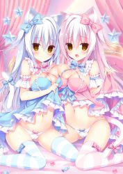 2girls animal_ears armband babydoll babydoll_lift bed_sheet blue_hair blue_ribbon blush bow bow_panties bowtie breast_press breasts candy cat_ears cat_girl cat_tail cleavage commentary_request curtains detached_collar fang food hair_between_eyes hair_ribbon hasune highres large_breasts long_hair looking_at_viewer multiple_girls open_mouth original panties pink_hair pink_panties pink_ribbon ribbon siblings sidelocks sparkle star_(symbol) striped_clothes striped_legwear striped_thighhighs tail tail_ornament tail_ribbon thighhighs twins underwear yellow_eyes rating:Sensitive score:44 user:danbooru
