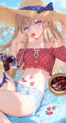  1girl bare_shoulders blue_shorts blueberry blush braid breasts brown_hair brown_hat crop_top day denim denim_shorts eating food fruit hand_on_headwear hat long_hair looking_at_viewer lying midriff mignon navel on_back original outdoors polka_dot polka_dot_shirt purple_eyes shiny_skin shirt short_shorts shorts side_braid single_braid small_breasts solo stomach straw_hat strawberry sun_hat 