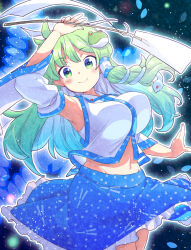  1girl arm_up armpits aura blue_background blue_skirt blush breasts closed_mouth collared_shirt commentary_request cowboy_shot detached_sleeves frilled_skirt frills frog_hair_ornament gohei green_eyes green_hair hair_ornament holding holding_gohei kochiya_sanae large_breasts long_hair looking_at_viewer medium_bangs shirt single_hair_tube single_sidelock skirt sleeveless sleeveless_shirt smile snake_hair_ornament solo tanasuke touhou white_shirt white_sleeves 