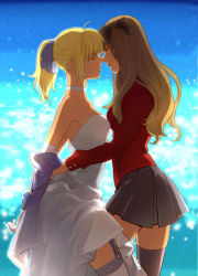  2girls ahoge armpits arms_behind_back artoria_pendragon_(all) artoria_pendragon_(fate) bare_shoulders black_legwear blonde_hair breast_press brown_hair choker dress elbow_gloves closed_eyes face-to-face fate/stay_night fate_(series) garter_straps gloves hair_ribbon hug imminent_kiss leg_between_thighs liulian long_hair long_sleeves multiple_girls official_alternate_costume open_mouth ponytail ribbon saber_(fate) short_hair skirt strapless strapless_dress sweater symmetrical_docking thighhighs tohsaka_rin twintails two_side_up white_dress white_gloves white_legwear yuri  rating:Sensitive score:54 user:Rin_Tohsaka
