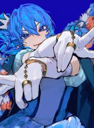  1girl bibideba_(hololive) black_jacket blue_background blue_dress blue_eyes blue_hair crossed_wrists double-parted_bangs dress elbow_gloves empire_waist eyeshadow fur_sleeves gloves hair_between_eyes hashtag-only_commentary highres hololive hoshimachi_suisei jacket jacket_on_shoulders looking_at_viewer makeup medium_hair outstretched_arms puffy_short_sleeves puffy_sleeves short_sleeves side_ponytail simple_background smile solo star_(symbol) star_in_eye symbol_in_eye tiara tilted_headwear unrefle upper_body virtual_youtuber white_gloves 