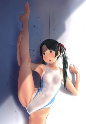 1girl against_wall armpits barefoot black_hair blue_eyes competition_swimsuit covered_erect_nipples covered_navel cowboy_shot flat_chest groin_tendon hair_ribbon highres kantai_collection kneepits leg_lift long_hair looking_away mikuma_(kancolle) one-piece_swimsuit open_mouth ribbon see-through shade solo split standing standing_on_one_leg standing_split swimsuit twintails wa_(genryusui) white_one-piece_swimsuit rating:Questionable score:49 user:danbooru