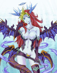 1girl bare_shoulders black_gloves black_thighhighs blonde_hair blue_eyes blue_skin breasts cleavage clothes_pull collarbone colored_skin cowboy_shot demon_girl demon_horns demon_wings elbow_gloves facial_mark forehead_mark gloves gluteal_fold grin groin halo hera_(p&amp;d) highres horns jewelry large_breasts looking_at_viewer low_wings multicolored_hair multiple_wings navel pendant pulling_own_clothes puzzle_&amp;_dragons red_hair revealing_clothes short_shorts shorts shorts_pull smile solo stomach tail thighhighs tonbidou two-tone_hair wavy_hair wings