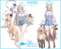  absurdres alfie_(tmdals7645) asuna_(blue_archive) bare_shoulders barefoot before_and_after blonde_hair blue_archive choker denim denim_shorts dirty dog golden_retriever gyaru halo happy highres laughing long_hair mud paw_print pet running sandals shorts smiley_face very_long_hair  rating:General score:17 user:Tito-san