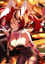  2girls absurdres animal_ears black_leotard blowing_kiss blue_eyes bow bowtie breasts casino casino_card_table cleavage detached_collar fingernails hakos_baelz heart highres hololive hololive_english jiang_ye_kiri large_breasts leotard mori_calliope mouse_ears multicolored_hair multiple_girls one_eye_closed pink_bow pink_bowtie pink_ribbon playboy_bunny rabbit_ears rabbit_tail red_hair ribbon streaked_hair table tail thigh_strap twintails virtual_youtuber 