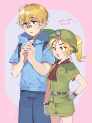  1boy 1girl bandaid bandaid_on_face bandaid_on_nose blonde_hair blue_pants blue_shirt blush breast_pocket brown_shirt brown_shorts commentary_request fang gloves goombella grey_gloves hand_on_own_hip headlamp helmet highres humanization koops mario_(series) medium_hair nanase_chiori nintendo open_mouth own_hands_together pants paper_mario paper_mario:_the_thousand_year_door personification pink_background pocket ponytail shirt short_hair shorts signature sweatdrop 