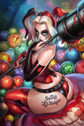  1girl ass ball batman_(series) blood corset dc_comics elbow_gloves facepaint gloves harley_quinn highres multicolored_hair over_shoulder reiq short_shorts shorts sitting smile solo tattoo thighhighs twintails two-tone_hair weapon weapon_over_shoulder  rating:Questionable score:88 user:dmysta3000