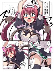  1girl absurdres airi_(queen&#039;s_blade) airi_(queen's_blade) airi_(the_infernal_temptress) apron black_dress black_thighhighs blue_eyes bow bowtie breasts cleavage collar commentary_request dress frills hair_bow hair_ribbon highres large_breasts long_hair maid maid_apron maid_headdress medium_breasts panties queen&#039;s_blade red_hair restrained ribbon sash solo stardustseven21 swarming_hands tentacles thighhighs tickling twintails underwear white_panties 