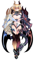  1girl animal_ears animal_hands bare_shoulders blonde_hair blue_eyes breasts cat_ears chimera chimera_(monster_girl_encyclopedia) claws cleavage dragon dragon_horns full_body fur goat goat_horns heterochromia highres hooves horns kenkou_cross large_breasts lion_ears looking_at_viewer midriff monster_girl monster_girl_encyclopedia monster_girl_encyclopedia_ii navel official_art purple_eyes red_eyes short_hair simple_background snake_head_tail snake_tail solo tail thighs white_background wings  rating:Questionable score:265 user:Chanterla