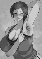  1girl arm_up armpits blush breasts cleavage huge_breasts looking_at_viewer mature_female mole mole_under_mouth monochrome original plump solo sweat tank_top toshi_(8868750)  rating:Explicit score:31 user:AmunHotep