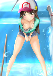 1girl absurdres blouse blue_shirt blush bra breasts brown_eyes brown_hair downblouse extended_downblouse eyes_visible_through_hair grin hanging_breasts hat highres leaning_forward legs_apart long_hair looking_at_viewer loose_clothes loose_shirt matching_hair/eyes medium_breasts ninyo nipples original parted_lips pool shirt short_shorts shorts smile solo standing teeth underwear water wet wet_clothes white_bra rating:Questionable score:48 user:Qwertyuiop999