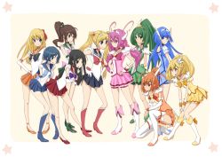  10s 1990s_(style) 6+girls ahoge aino_minako antenna_hair aoki_reika bike_shorts bishoujo_senshi_sailor_moon black_eyes black_hair blonde_hair blue_eyes blue_footwear blue_hair blue_sailor_collar blue_skirt boots bow brooch brown_eyes brown_hair choker company_connection crossed_arms crossover cure_beauty cure_happy cure_march cure_peace cure_sunny double_bun elbow_gloves gloves green_eyes green_footwear green_hair green_skirt hair_bobbles hair_bun hair_flaps hair_ornament hair_tubes head_wings high_heels highres hino_akane_(smile_precure!) hino_rei hoshizora_miyuki jewelry kate_higgins kino_makoto kise_yayoi knee_boots kneeling long_hair magical_girl midorikawa_nao mizuno_ami multiple_girls nijidoro open_mouth orange_eyes orange_hair orange_skirt pink_bow pink_eyes pink_hair pink_skirt ponytail power_connection precure red_bow red_skirt retro_artstyle ribbon sailor_collar sailor_jupiter sailor_mars sailor_mercury sailor_moon sailor_venus shoes short_hair shorts shorts_under_skirt single_hair_bun skirt smile smile_precure! thighhighs tiara toei_animation tsukino_usagi twintails voice_actor_connection white_background white_gloves white_legwear wings wrist_cuffs yellow_bow yellow_eyes yellow_skirt 