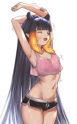  1girl absurdres alternate_costume armpits arms_up blunt_bangs breasts closed_eyes covered_erect_nipples fang gradient_hair highres hololive hololive_english honkivampy long_hair midriff mole mole_under_eye multicolored_hair navel ninomae_ina&#039;nis open_mouth orange_hair pointy_ears purple_hair short_shorts shorts sidelocks simple_background small_breasts smile solo stretching tentacle_hair very_long_hair virtual_youtuber white_background  rating:Sensitive score:58 user:danbooru