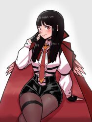 black_hair blush choker cloak coat cosplay crossed_legs feather-trimmed_coat fingerless_gloves fire_emblem fire_emblem_heroes gloves highres hololive hraesvelgr_(fire_emblem) long_hair looking_at_viewer mnejing30 necktie nintendo pantyhose red_eyes red_necktie simple_background sitting smile takane_lui takane_lui_(cosplay) thigh_strap v-shaped_eyebrows white_background 