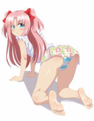  1boy all_fours arikawa_hime bare_legs barefoot blue_eyes blush crossdressing feet himegoto legs looking_back pink_hair simple_background soles solo tagme toes trap zorzero 